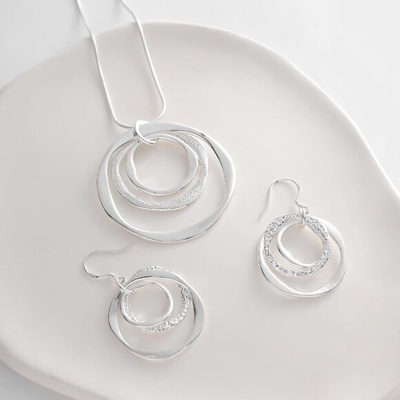 Women's 925 Plated Hypoallergeni 3 Circles Silver Hoop Earring and Necklace Set - Picture 4 of 7
